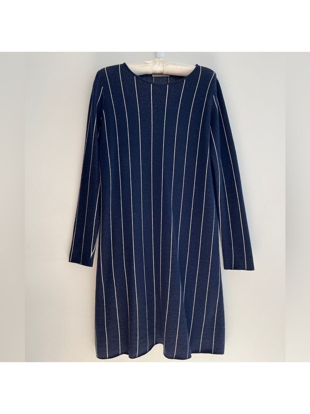 FLORA FEDI Pinstripe Swing Dress Made Italy Long Sleeve Round Neck Office Travel